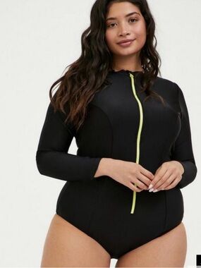 torrid Black Long-Sleeve Zip Front One-Piece Swimsuit with Neon Yellow Zip